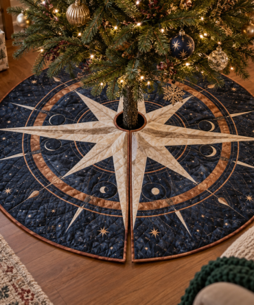 Star Compass Host Gift Tree Skirt — Nautical Star Compass Christmas Base Cover, Perfect Hostess Gift For Coastal Holiday Homes