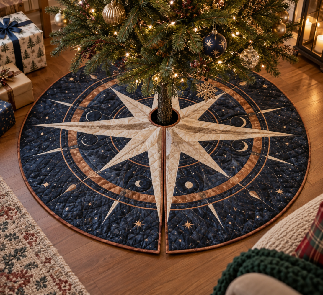 Star Compass Host Gift Tree Skirt — Nautical Star Compass Christmas Base Cover, Perfect Hostess Gift For Coastal Holiday Homes