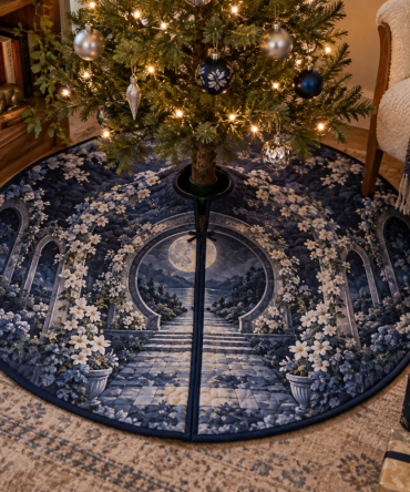 Moon Garden Gate Reading Nook Tree Skirt — Cozy Lunar Floral Base Cover To Enhance Quiet Corners & Seasonal Bookish Vibes