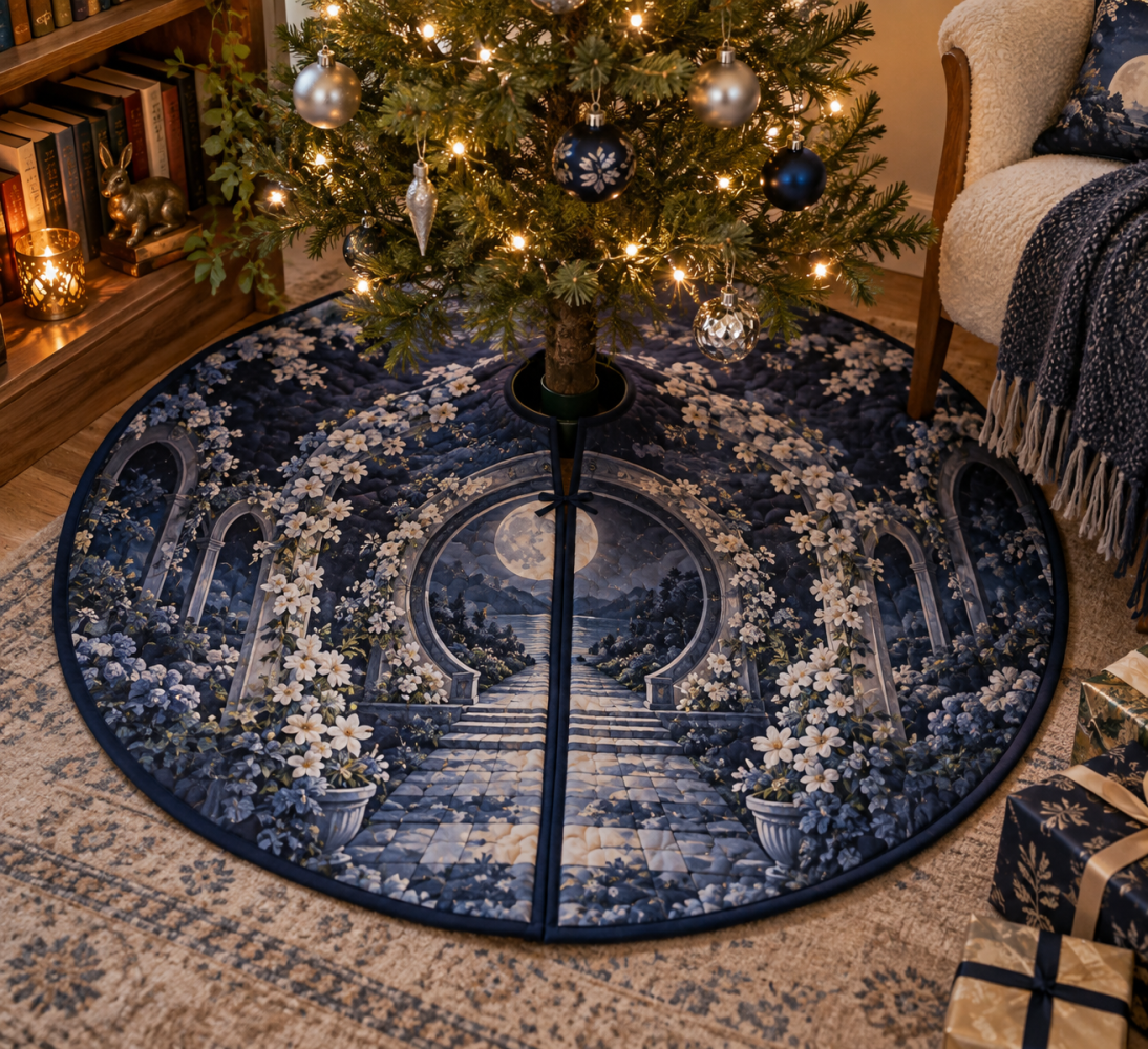 Moon Garden Gate Reading Nook Tree Skirt — Cozy Lunar Floral Base Cover To Enhance Quiet Corners & Seasonal Bookish Vibes