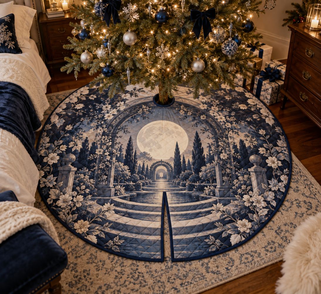 Moon Garden Gate Bedroom Tree Skirt — Soft Lunar Floral Christmas Base Cover To Add Calm, Elegant Holiday Charm To Private Spaces