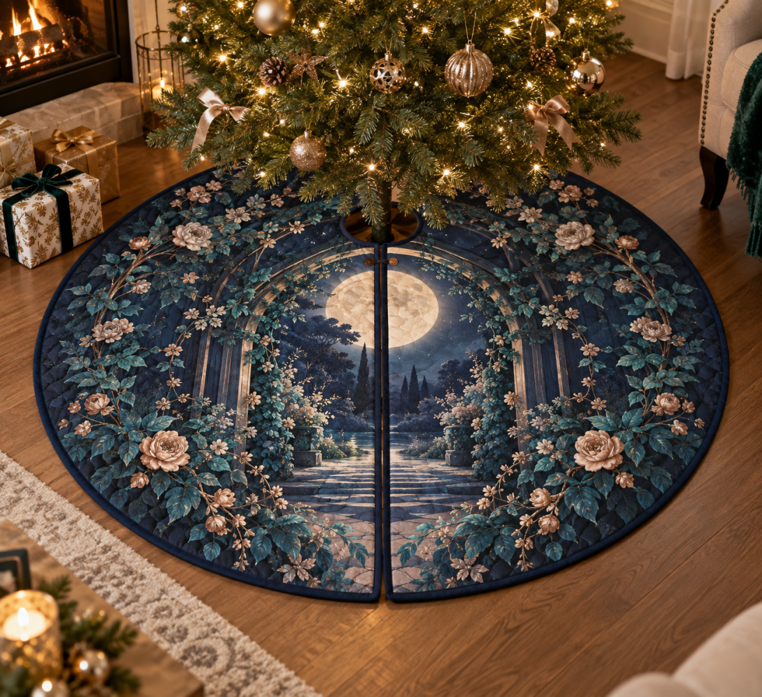 Moon Garden Gate Living Room Tree Skirt — Luxurious Lunar Floral Christmas Base Cover For Stylish Seasonal Centerpieces