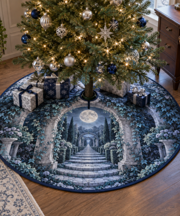 Moon Garden Gate Home Office Tree Skirt — Refined Lunar Floral Base Cover To Elevate Holiday Home Workspaces