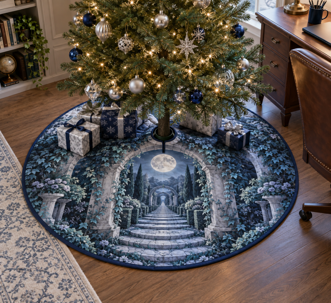 Moon Garden Gate Home Office Tree Skirt — Refined Lunar Floral Base Cover To Elevate Holiday Home Workspaces