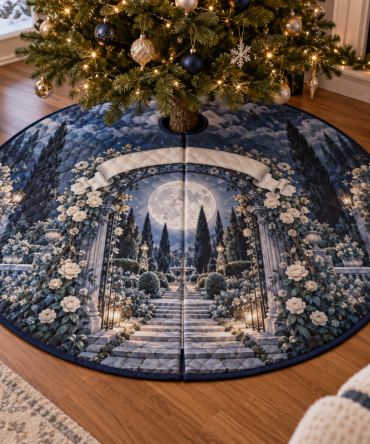 Moon Garden Gate Housewarming Tree Skirt — Elegant Lunar Floral Welcome Gift To Style New Homes For The Holidays