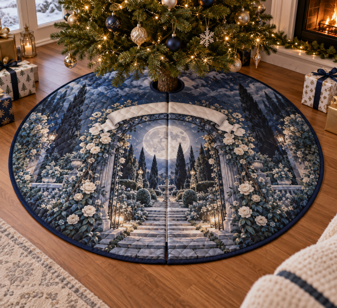 Moon Garden Gate Housewarming Tree Skirt — Elegant Lunar Floral Welcome Gift To Style New Homes For The Holidays