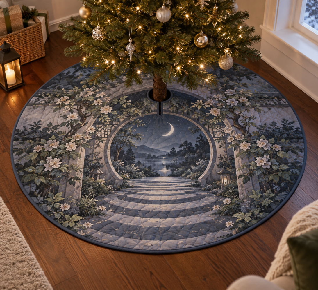 Moon Garden Gate Quiet Corner Tree Skirt — Serene Lunar Floral Base Cover For Tranquil Holiday Nooks And Minimalist Spaces