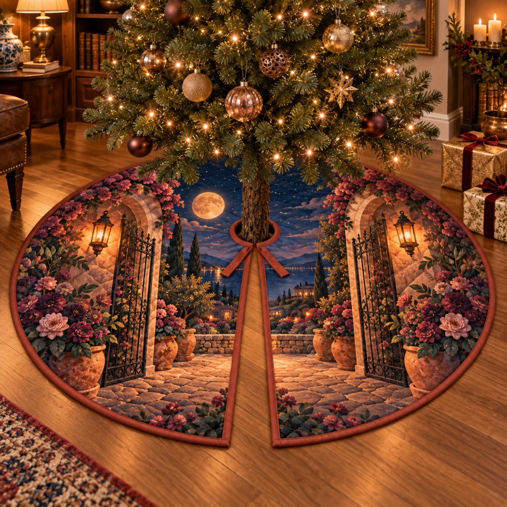 Moon Garden Gate Birthday Tree Skirt — Festive Lunar Floral Base Cover To Celebrate Birthdays With Stylish Holiday Flair