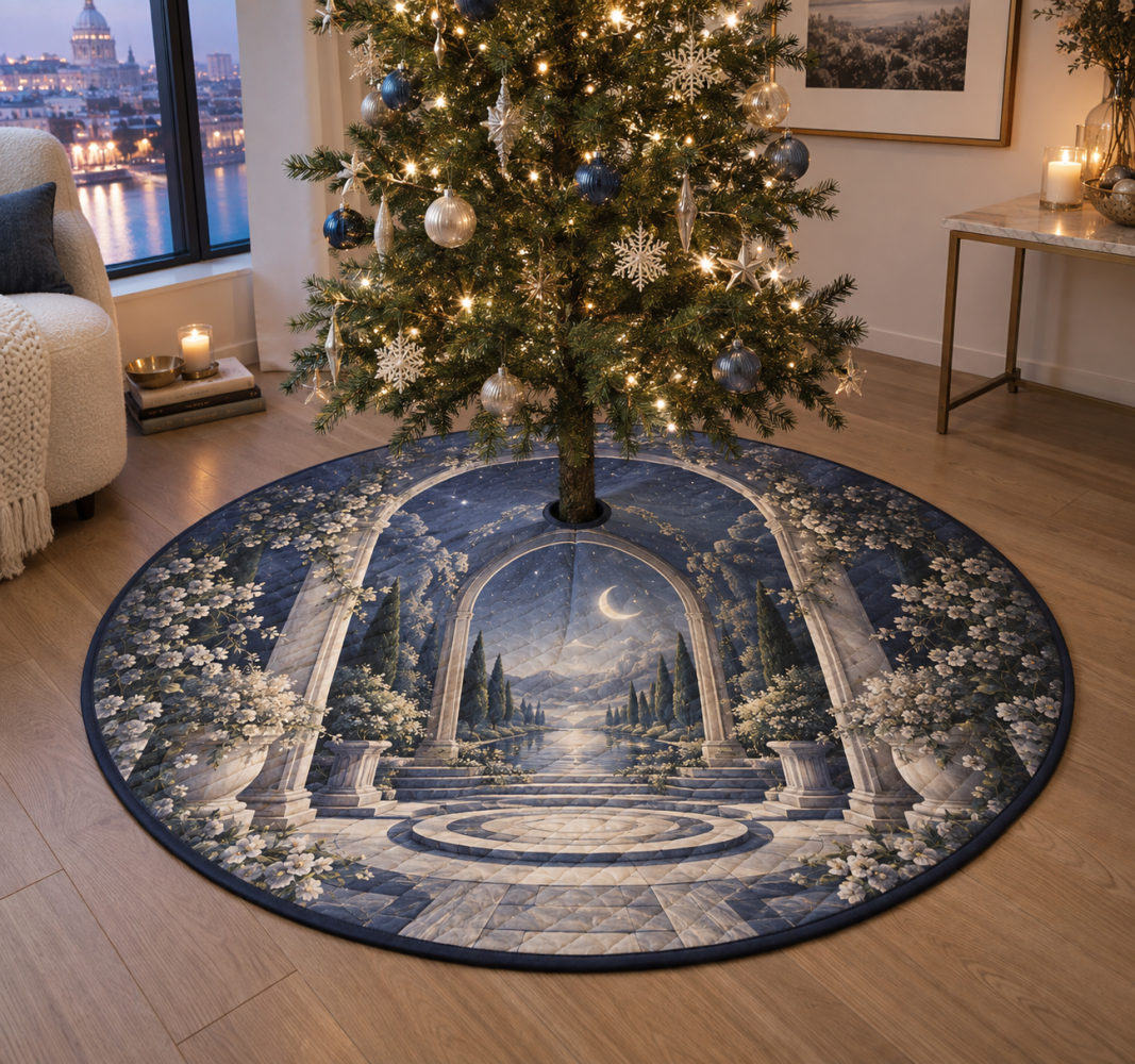 Moon Garden Gate Gallery Tree Skirt — Gallery-Ready Lunar Floral Christmas Base Cover For Sophisticated Holiday Styling