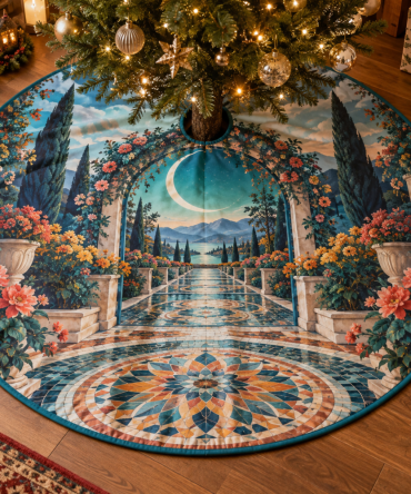 Moon Garden Gate Studio Tree Skirt — Artistic Lunar Floral Tree Base Cover For Creative Home Studios & Stylish Holiday Displays