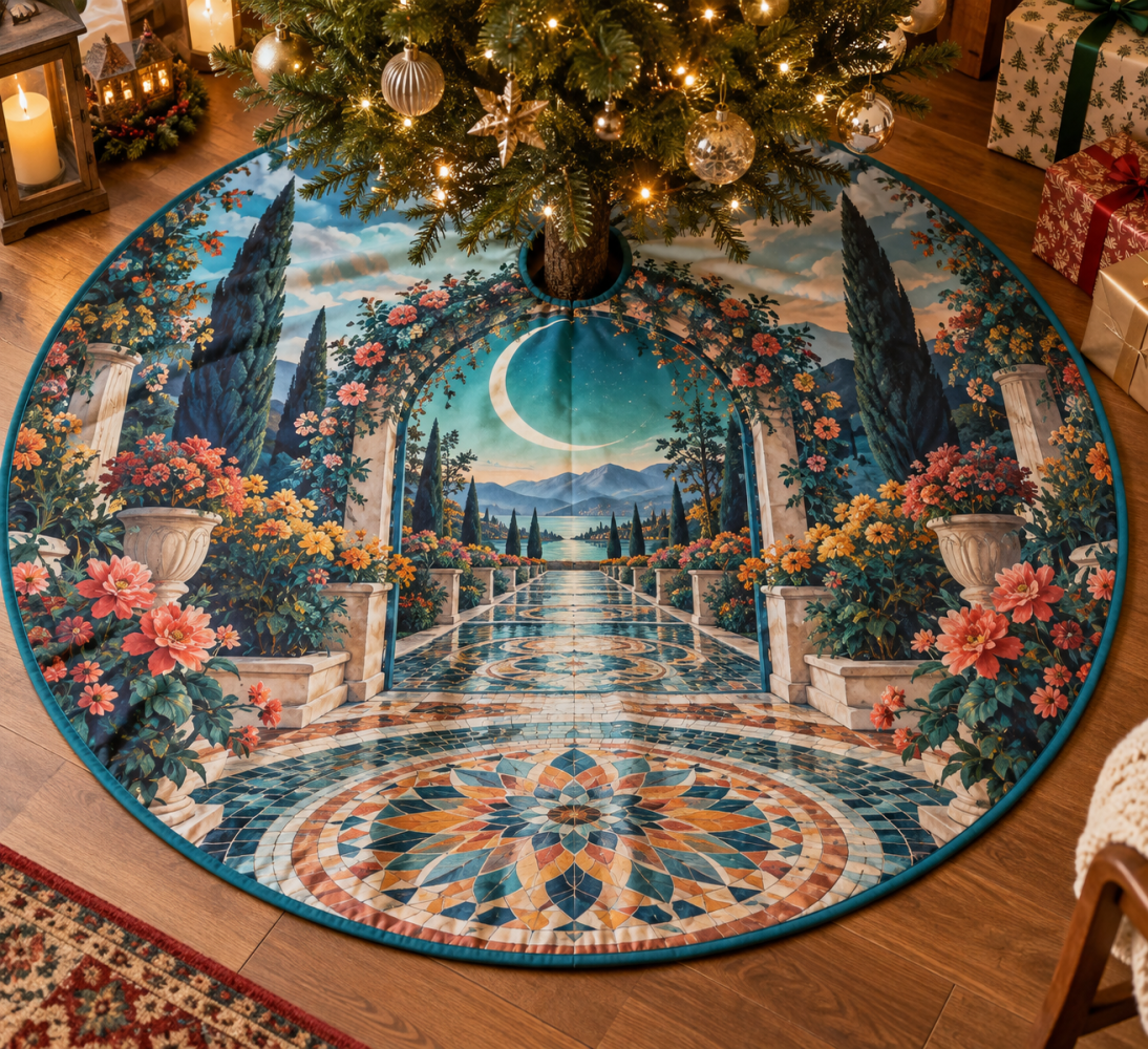Moon Garden Gate Studio Tree Skirt — Artistic Lunar Floral Tree Base Cover For Creative Home Studios & Stylish Holiday Displays