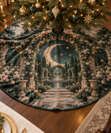 Moon Garden Gate Host Gift Tree Skirt — Elegant Lunar Floral Christmas Tree Base Cover, Perfect Holiday Hostess Present