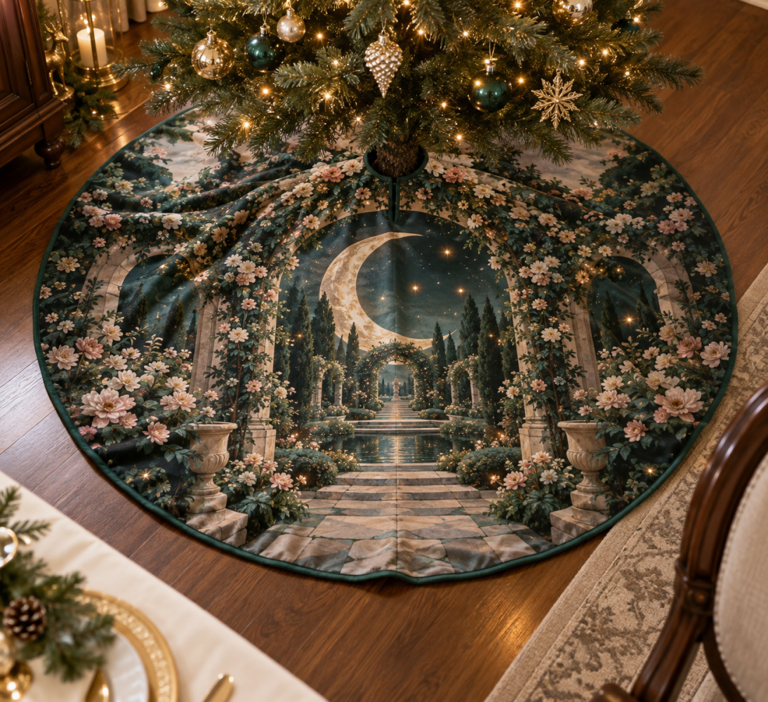 Moon Garden Gate Host Gift Tree Skirt — Elegant Lunar Floral Christmas Tree Base Cover, Perfect Holiday Hostess Present