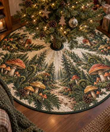 Reading Nook Woodland Mushroom Tree Skirt — Charming Bookish Holiday Base Cover With Cozy Toadstool Design