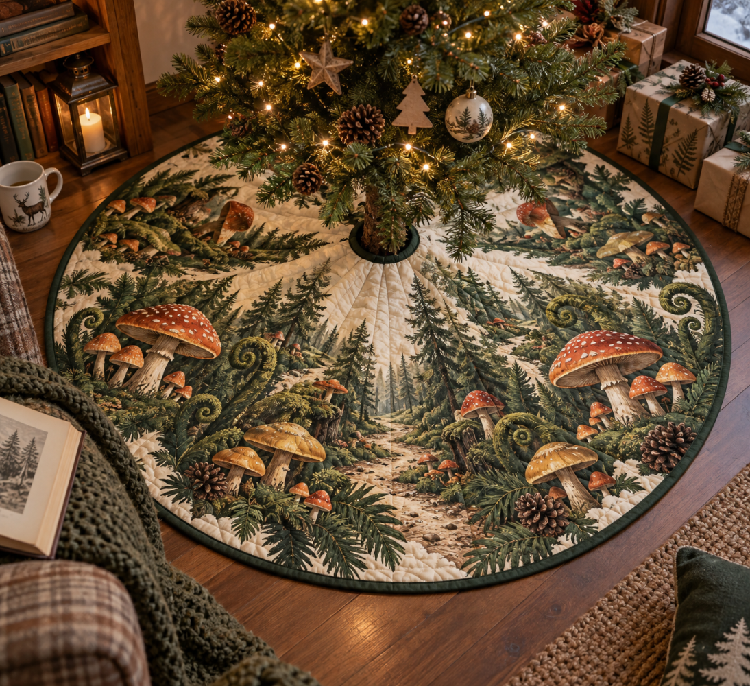 Reading Nook Woodland Mushroom Tree Skirt — Charming Bookish Holiday Base Cover With Cozy Toadstool Design