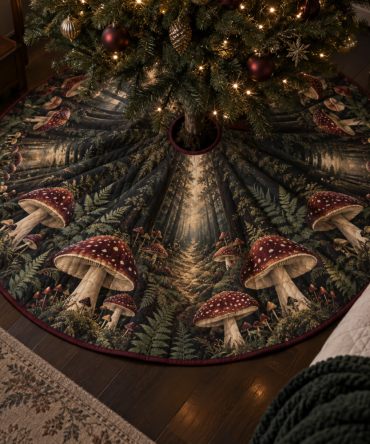 Rustic Mushroom Bedroom Tree Skirt — Soft Holiday Tree Base Cover With Whimsical Forest Print For Cozy Sleeping Spaces