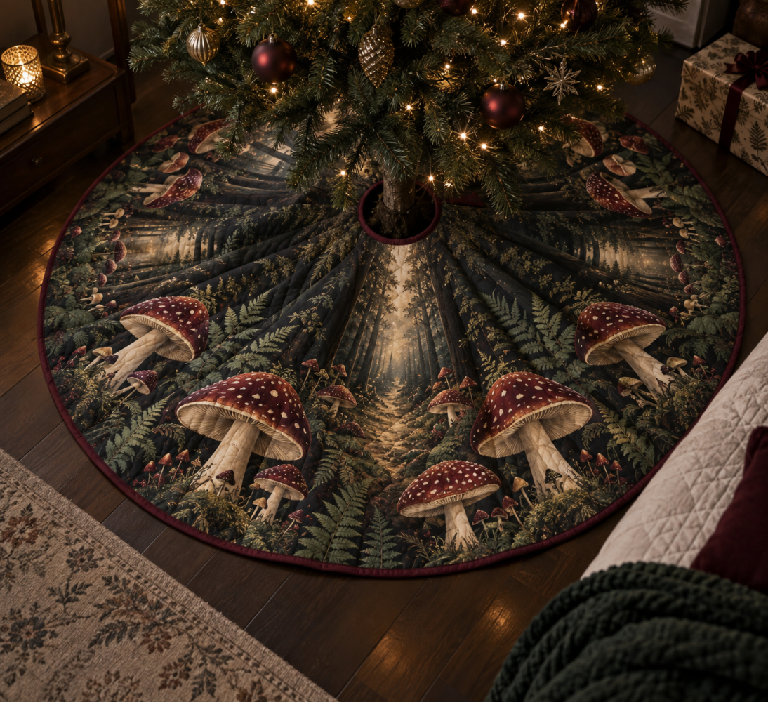Rustic Mushroom Bedroom Tree Skirt — Soft Holiday Tree Base Cover With Whimsical Forest Print For Cozy Sleeping Spaces