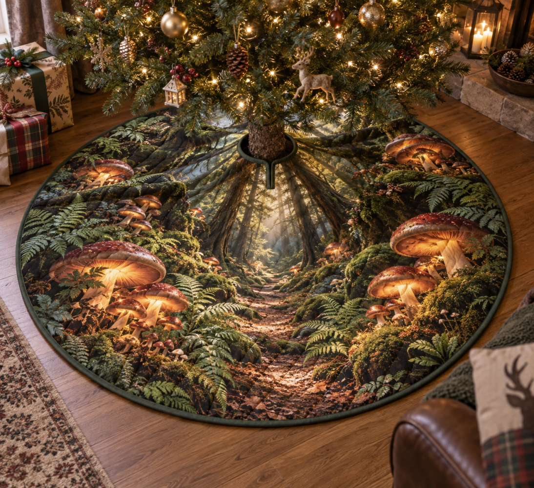 Cozy Woodland Mushroom Christmas Tree Skirt — Rustic Toadstool Tree Base Cover For Holiday Décor & Gift-Ready Cozy Cabin Style