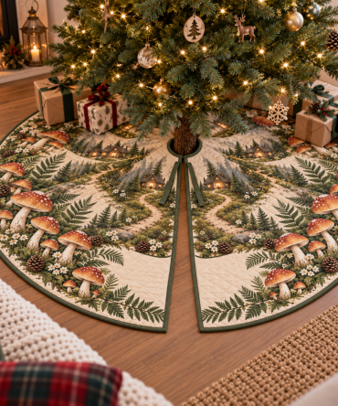 Woodland Mushroom Housewarming Tree Skirt - Charming Cottage Gift With Fungi Art, Ready-To-Gift Holiday Mat, Durable Fabric
