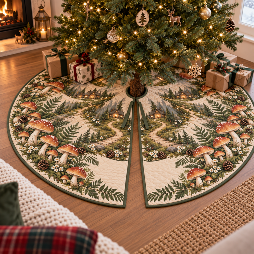 Woodland Mushroom Housewarming Tree Skirt - Charming Cottage Gift With Fungi Art, Ready-To-Gift Holiday Mat, Durable Fabric