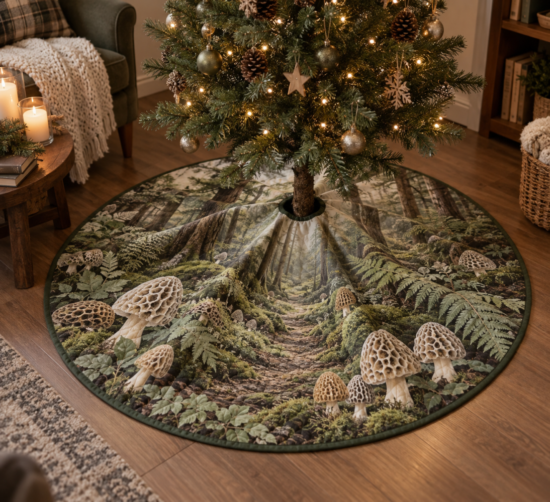 Quiet Corner Woodland Mushroom Tree Skirt - Serene Fungi Print For Cozy Spaces, Low-Profile & Soft-Touch Fabric