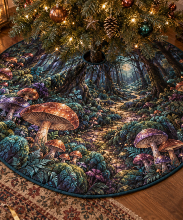 Woodland Mushroom Birthday Tree Skirt - Playful Fungi Design For Party Decor, Durable Mat, Easy Wrap & Machine Washable