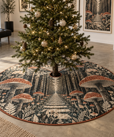 Gallery-Style Woodland Mushroom Tree Skirt - Curated Rustic Holiday Mat With Whimsical Fungi Art, Durable & Display-Ready