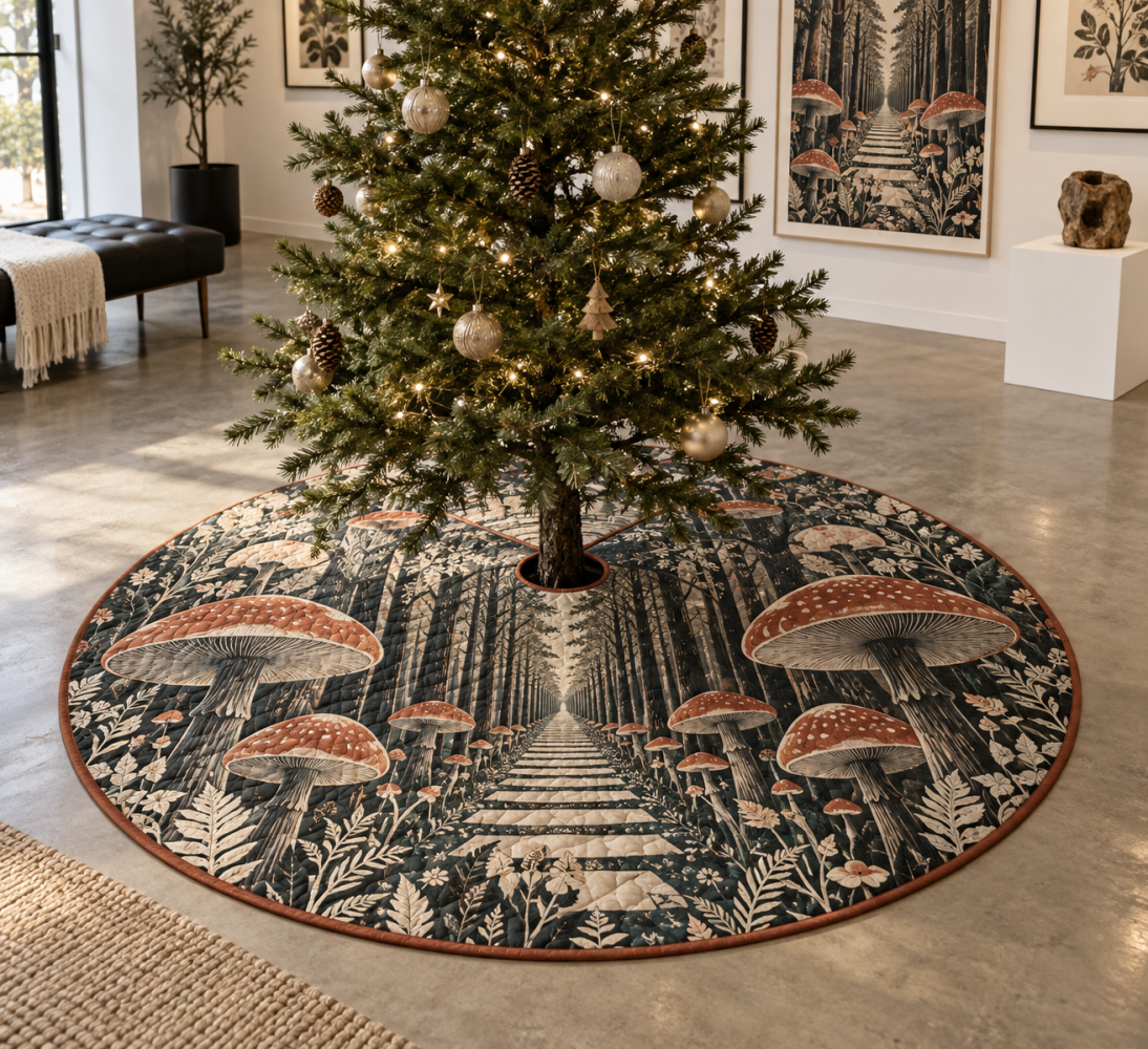 Gallery-Style Woodland Mushroom Tree Skirt - Curated Rustic Holiday Mat With Whimsical Fungi Art, Durable & Display-Ready