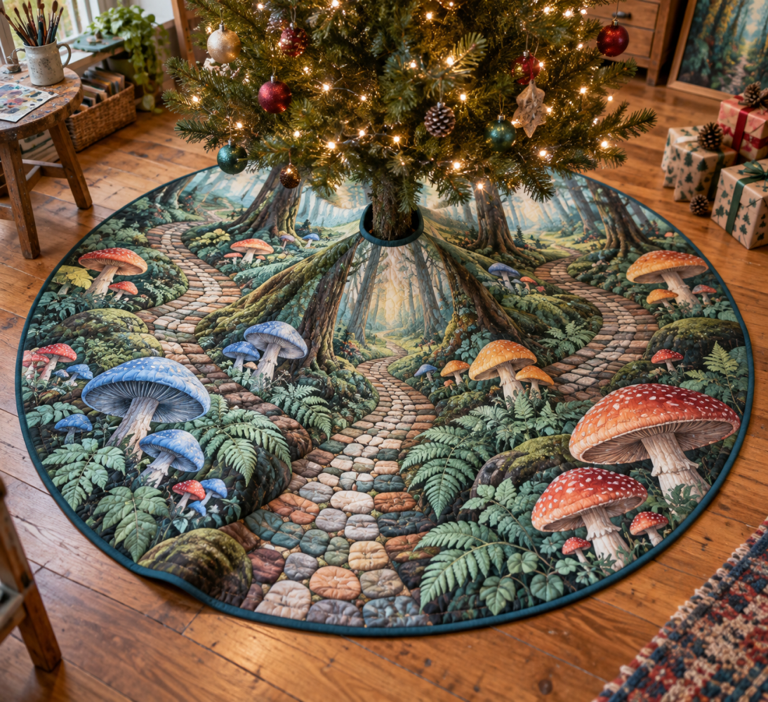 Woodland Mushroom Studio Tree Skirt - Artistic Rustic Mushroom Motif, Large Display Mat For Studios & Cozy Spaces