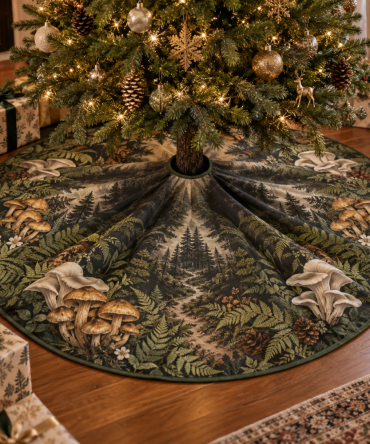 Woodland Mushroom Host Gift Tree Skirt - Charming Cottagecore Mushroom Pattern, Gift-Ready Holiday Mat, Durable & Washable