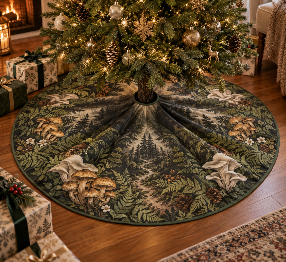 Woodland Mushroom Host Gift Tree Skirt - Charming Cottagecore Mushroom Pattern, Gift-Ready Holiday Mat, Durable & Washable