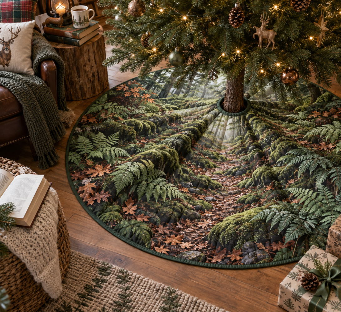 Reading Nook Fern Tree Skirt - Cozy Botanical Mat For Nooks & Alcoves, Plush Fabric, Easy Wrap & Care