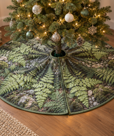 Calm Corner Fern Tree Skirt - Quiet Room Holiday Mat With Soft Botanical Print, Plush Fabric & Easy Care