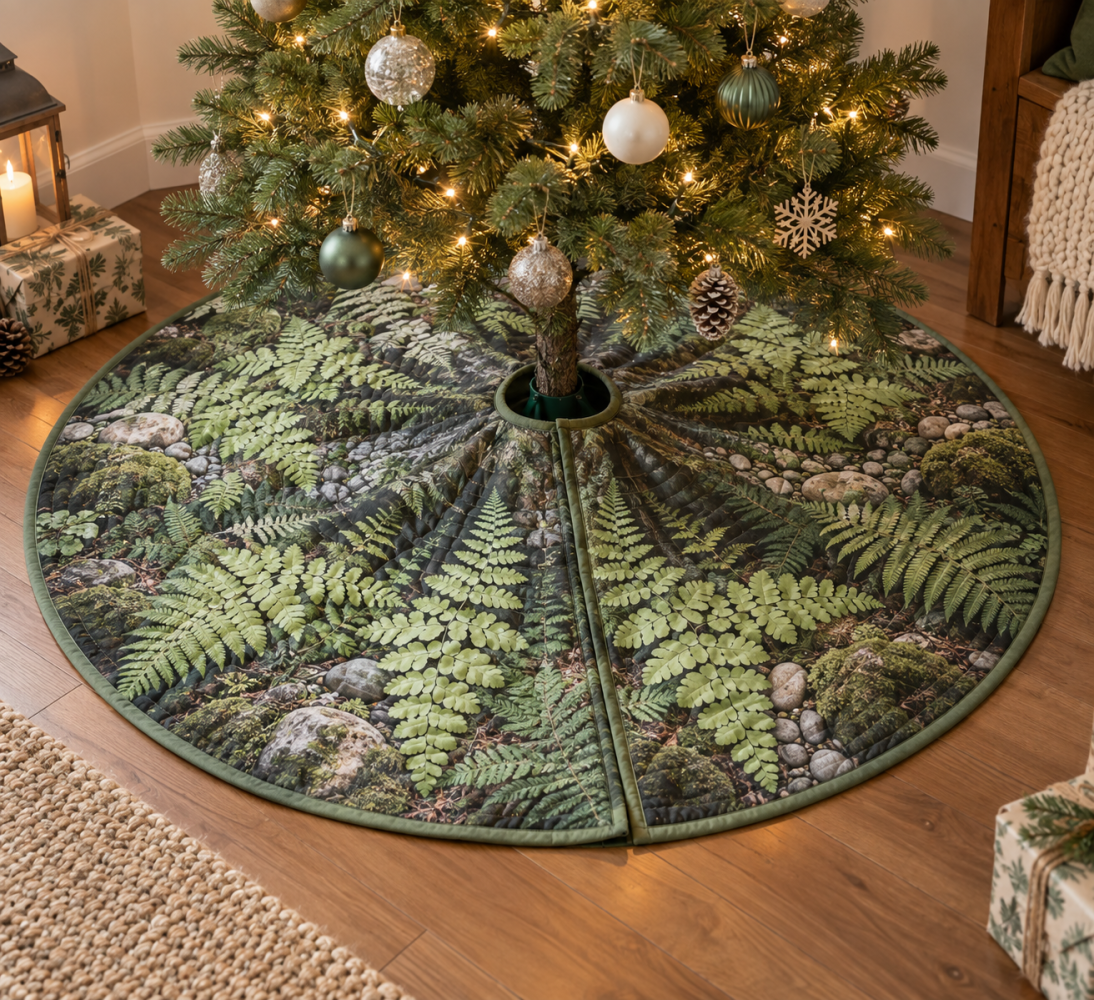 Calm Corner Fern Tree Skirt - Quiet Room Holiday Mat With Soft Botanical Print, Plush Fabric & Easy Care