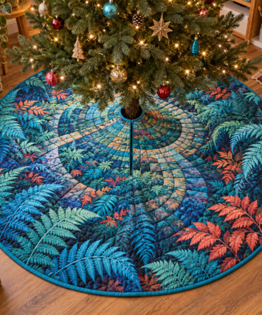 Fern Forest Studio Floor Christmas Tree Skirt — Urban Botanical Holiday Base, Low-Profile Design For Small Studios, 48In Durable Fabric