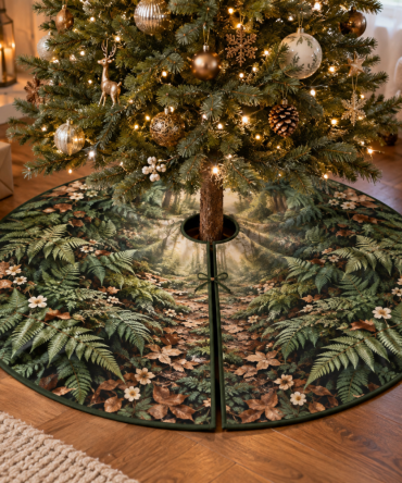 Fern Forest Host Gift Holiday Tree Skirt — Lush Botanical Christmas Skirt, Stylish Housewarming Present, Reversible, 60In