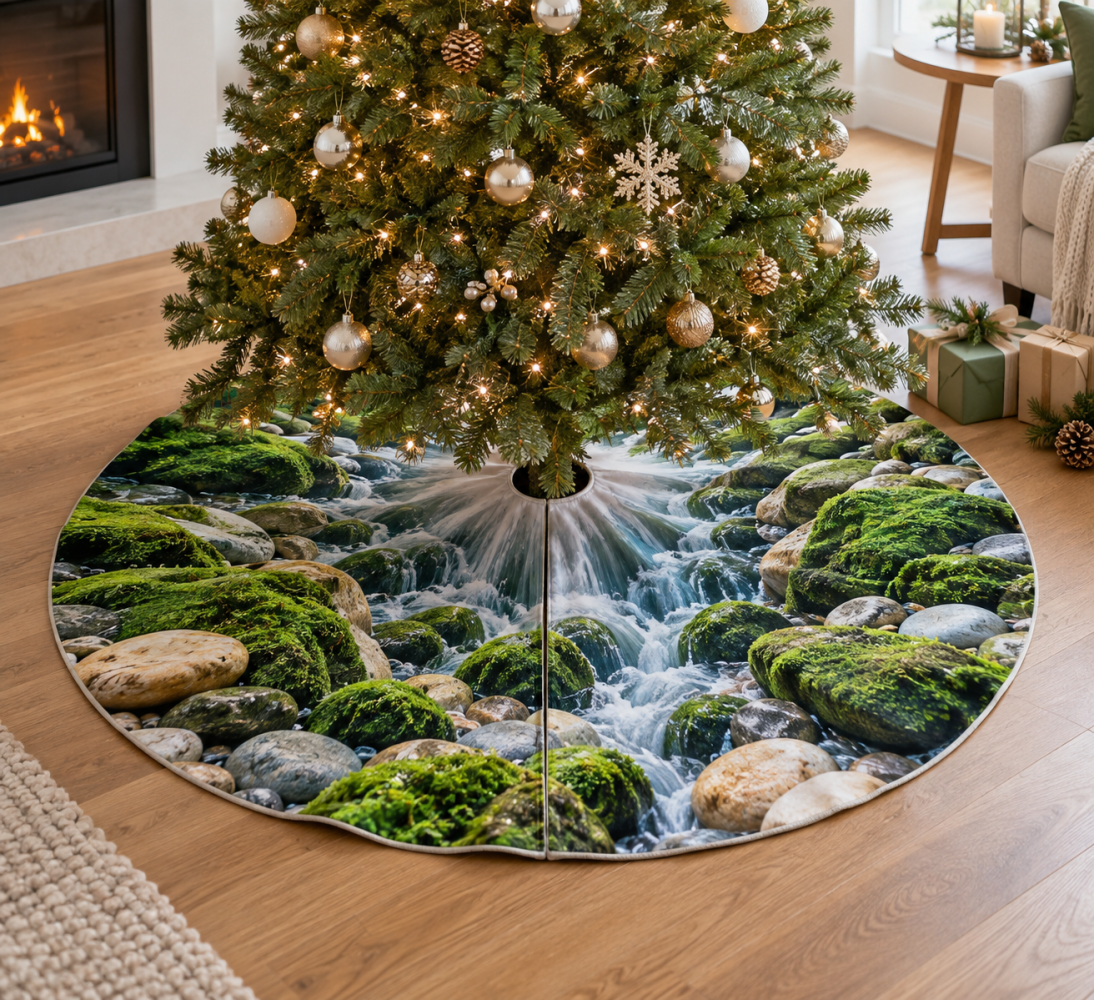Statement Moss And Stones Living Room Tree Skirt — Large Natural Christmas Tree Skirt, Elegant Holiday Centerpiece, 72In For Grand Trees