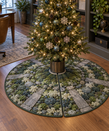 Office-Friendly Moss And Stones Christmas Tree Skirt — Professional Holiday Decor, Low Maintenance Natural Skirt, 48In Compact Office Size
