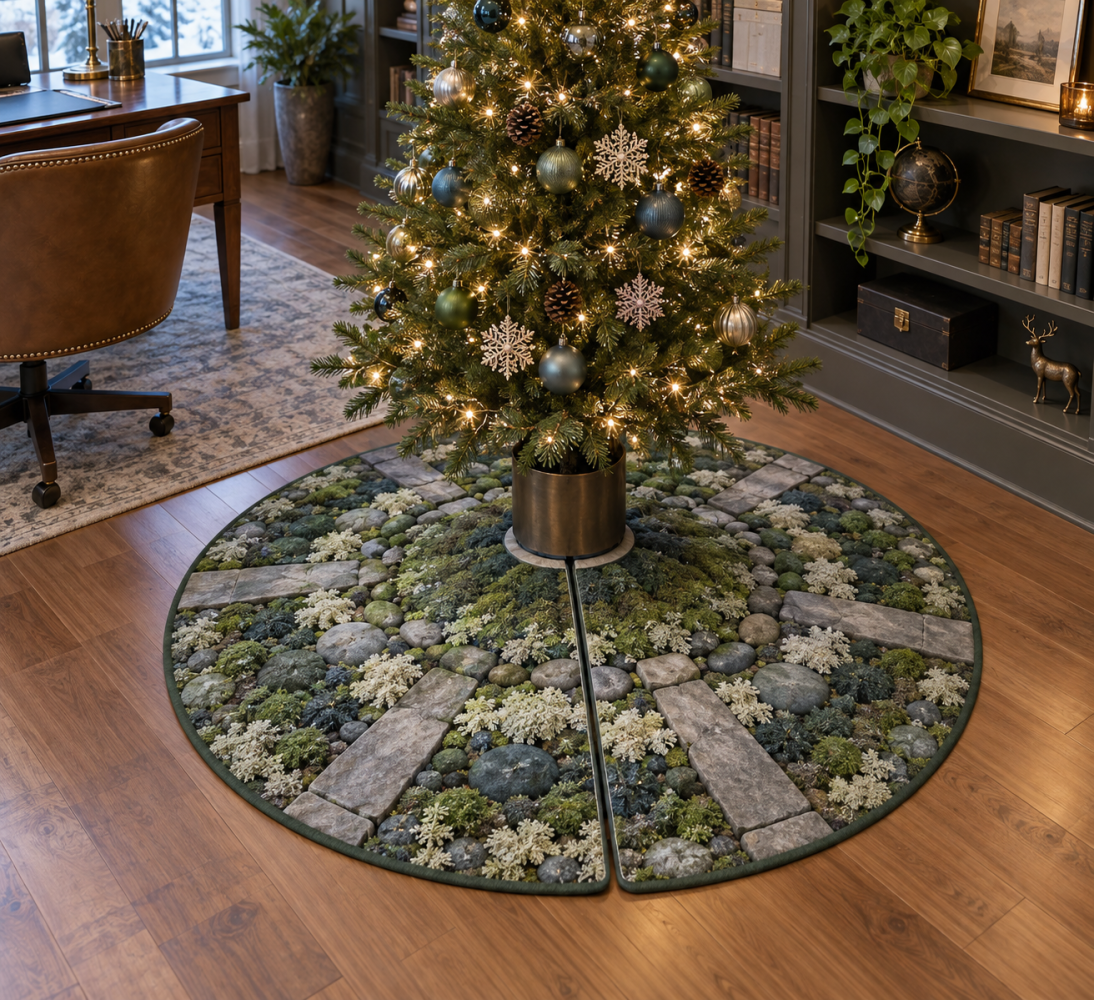 Office-Friendly Moss And Stones Christmas Tree Skirt — Professional Holiday Decor, Low Maintenance Natural Skirt, 48In Compact Office Size