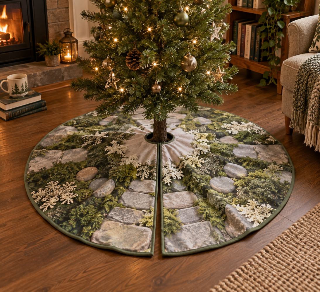Quiet Corner Moss And Stones Christmas Tree Skirt — Subtle Natural Holiday Floor Décor, Low-Profile Rustic Base, 40In Compact Fit