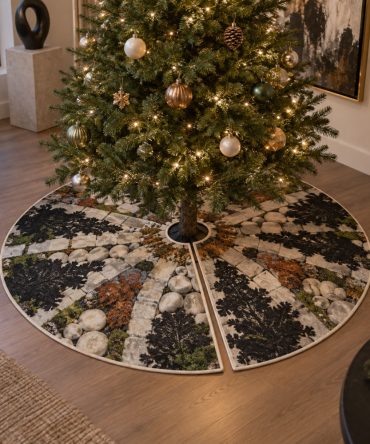 Gallery-Ready Moss And Stones Christmas Tree Skirt — Artful Holiday Display Base, Premium Natural Textured Skirt, 72In Wide For Large Trees