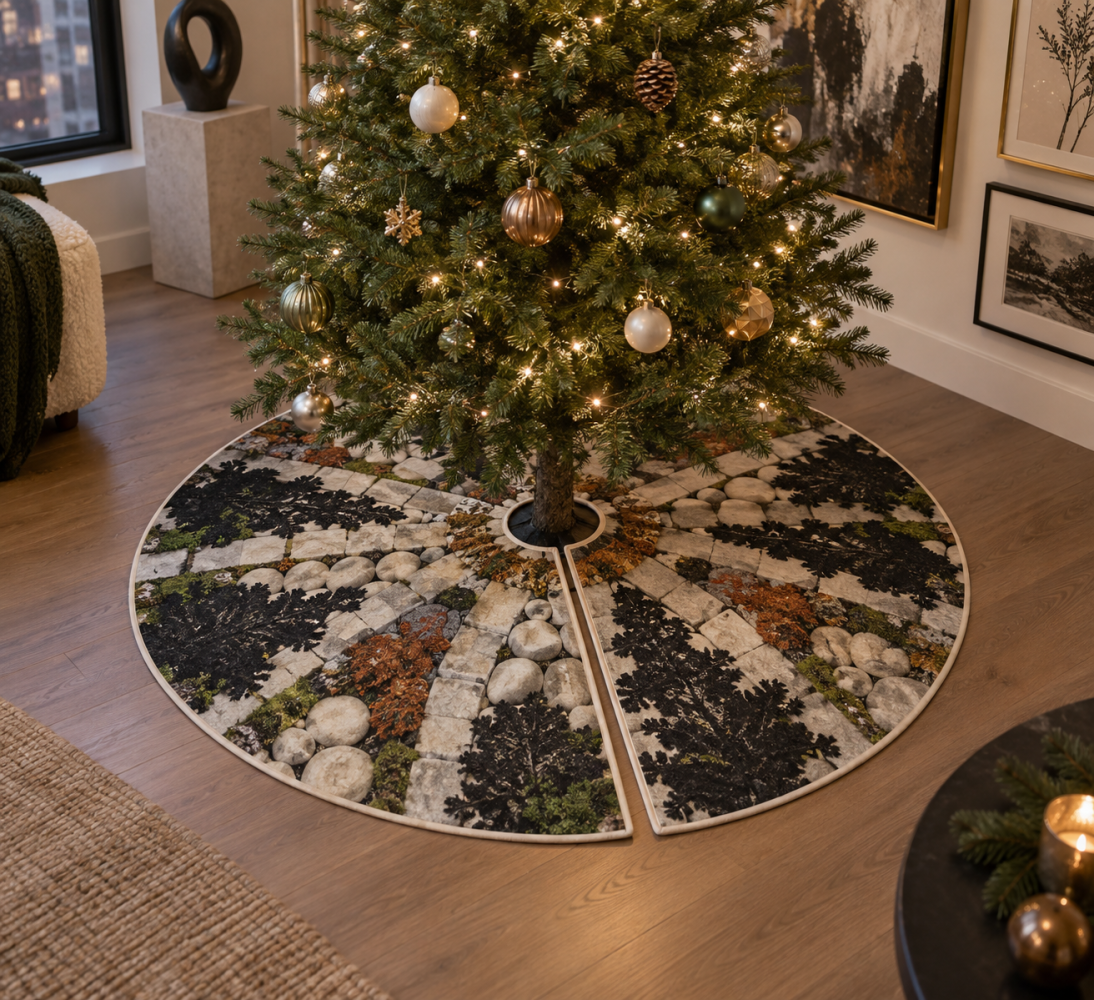 Gallery-Ready Moss And Stones Christmas Tree Skirt — Artful Holiday Display Base, Premium Natural Textured Skirt, 72In Wide For Large Trees