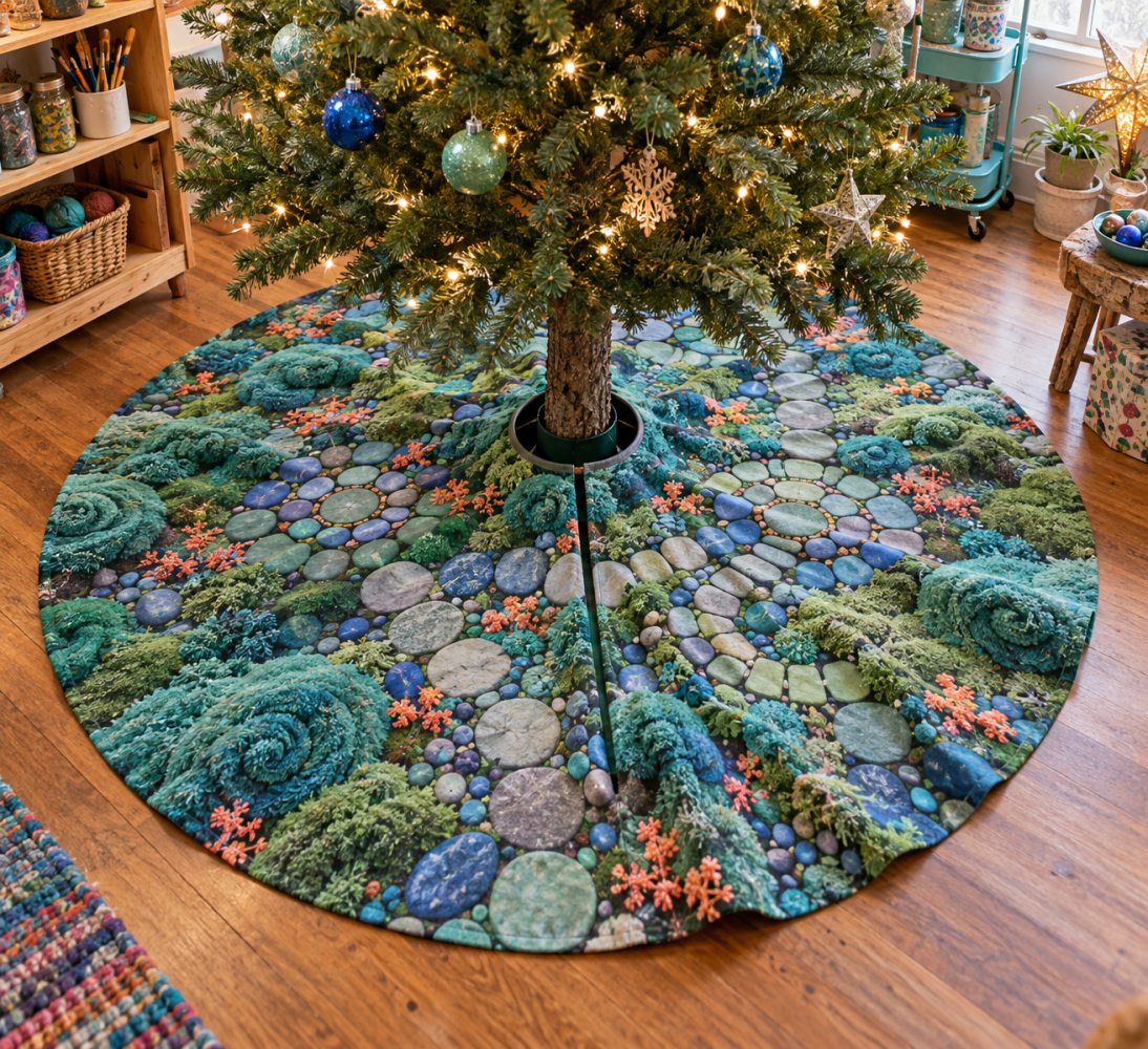 Moss And Stones Studio Christmas Tree Skirt — Modern Natural Holiday Décor For Studios, Low-Profile Tree Skirt, 48-60In Versatile Fit