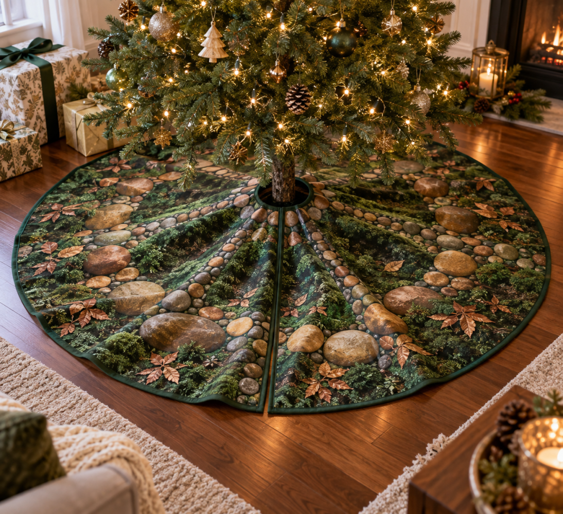 Moss And Stones Host Gift Holiday Tree Skirt — Elegant Natural Christmas Tree Skirt, Thoughtful Housewarming Gift, Machine Washable, 60In