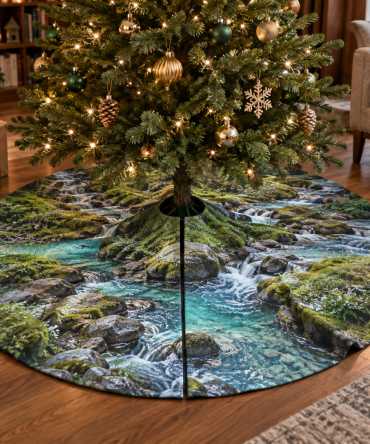Mini Forest Stream Holiday Tree Skirt For Cozy Nooks — Small Christmas Tree Skirt, Rustic Woodland Accent, 36-Inch Petite Size