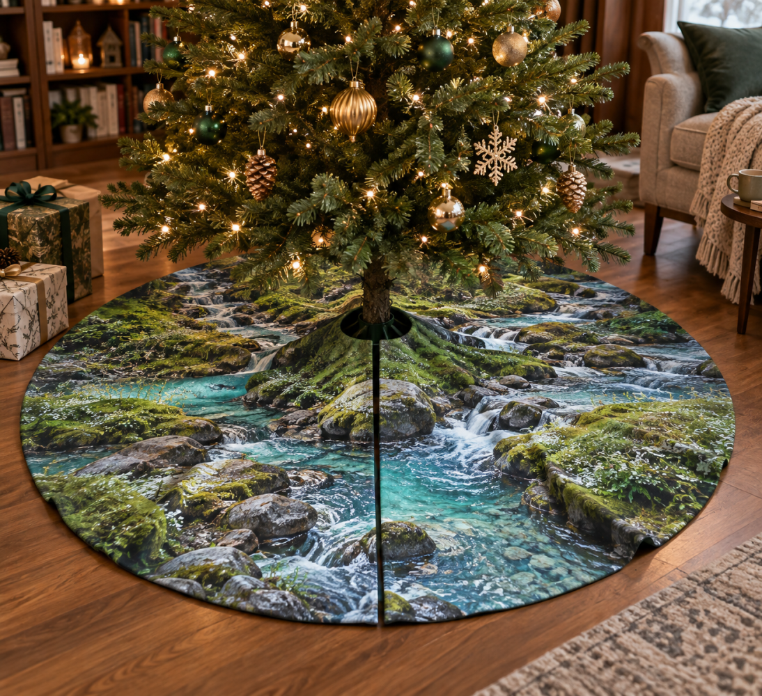 Mini Forest Stream Holiday Tree Skirt For Cozy Nooks — Small Christmas Tree Skirt, Rustic Woodland Accent, 36-Inch Petite Size