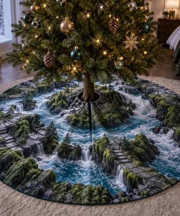 Cozy Forest Stream Christmas Tree Skirt For Bedroom — Soft Woodland Holiday Tree Skirt, Compact Round Design, 48In-54In Fit