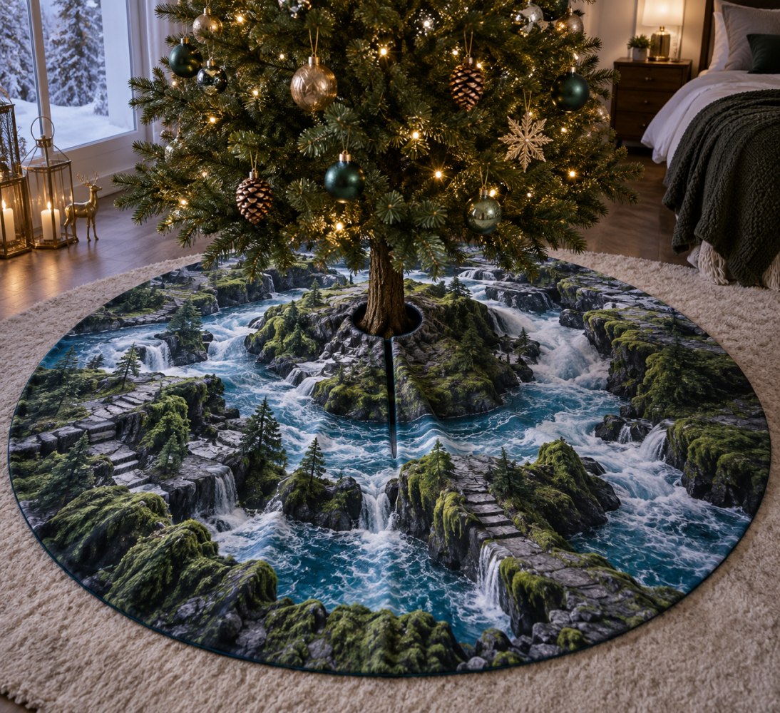 Cozy Forest Stream Christmas Tree Skirt For Bedroom — Soft Woodland Holiday Tree Skirt, Compact Round Design, 48In-54In Fit