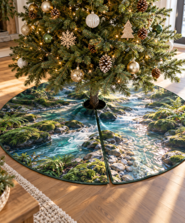 Luxurious Forest Stream Holiday Tree Skirt For Living Room — Premium Christmas Tree Skirt, Rustic Woodland Decor, 60In