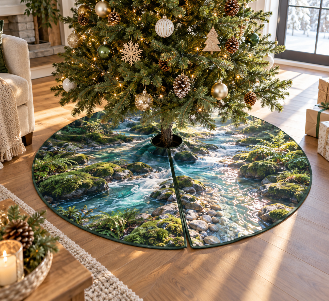 Luxurious Forest Stream Holiday Tree Skirt For Living Room — Premium Christmas Tree Skirt, Rustic Woodland Decor, 60In